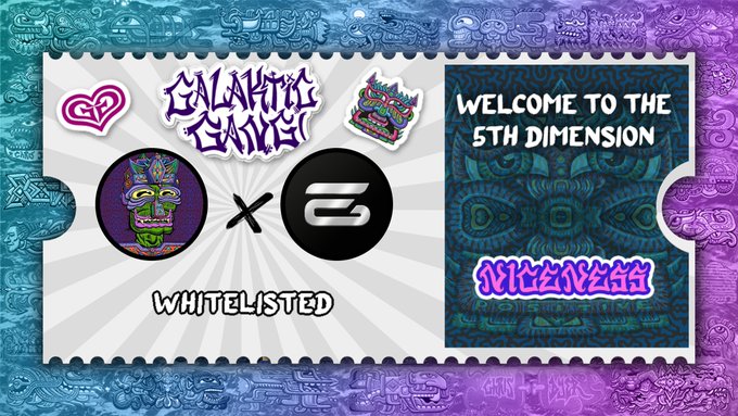 A promotional graphic reading 'GALAKTIC GANG X SEI WHITELISTED' and 'WELCOME TO THE 5TH DIMENSION,' featuring tribal mask artwork and logos.