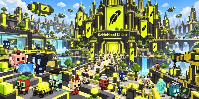A colorful pixel art scene depicting the 'RobinHood Chain' with various blocky characters, buildings in yellow and black, and the Robin Hood feather logo prominently displayed.