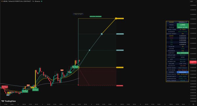 A TradingView chart displays the $MEME/USDT Perpetual Contract on Binance, with a current price of 0.01236 marked in red on the price scale, showing a 100.00% gain over a 1-hour timeframe amid a dense cluster of trade labels at the bottom-left and overlaid Fibonacci-style ratio levels including 0.236, 0.382, 0.5, 0.618, 0.786, 1, 1.272, and 1.618 on the right, suggesting the post is highlighting $MEME's sharp short-term breakout surge as a trending opportunity on Binance's leveraged futures market.