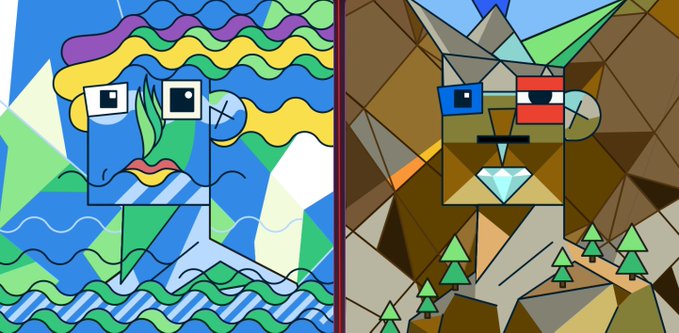 Two contrasting abstract portrait illustrations side by side: one with flowing wavy lines in green, blue, yellow, and purple surrounding a face with square eyes and lips, and another in geometric brown and earth tones depicting a crowned face with a diamond against a mountain landscape.