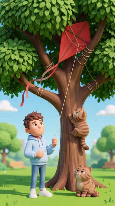 A 3D-style cartoon illustration shows a young boy in a blue hoodie flying a red kite that is stuck in a tree, while a striped cat climbs up the trunk and another cat watches from the grass below.