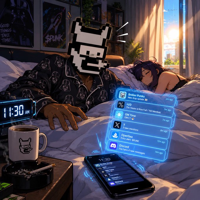 Anime-style illustration of a character with a pixelated Darth Vader-style mask sleeping next to a purple-haired girl, with a holographic notification display showing alerts from Broker Punks, GM Time, X, OpenSea, and Discord.