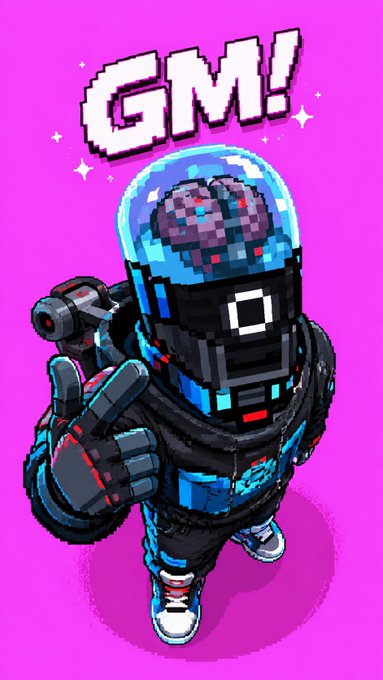 A pixel-art character in a black and blue spacesuit gives a thumbs-up against a bright pink background, with the text 'GM!' displayed prominently above.