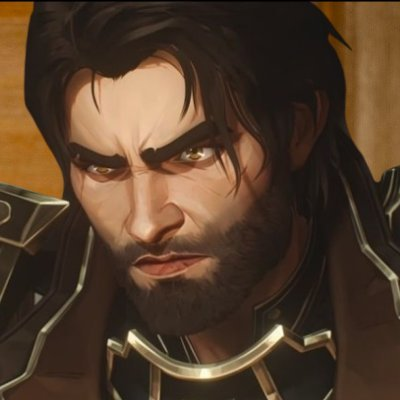 A close-up illustration of a bearded male character with dark hair, a scar across his face, and golden eyes, wearing dark armor with gold trim.