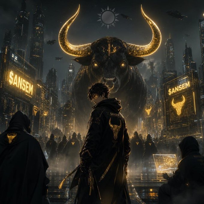 A dark, atmospheric digital artwork featuring a hooded figure in black with golden $ANSEM branding, standing before a massive glowing bull with golden horns in a cyberpunk cityscape.