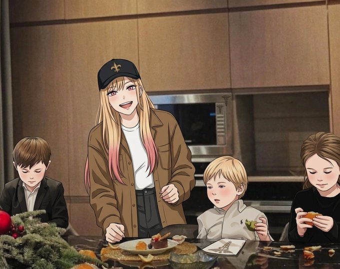 Anime-style illustration depicting a family meal scene with a smiling blonde woman in a backwards cap and brown jacket serving food, alongside children and another woman eating at a dining table.