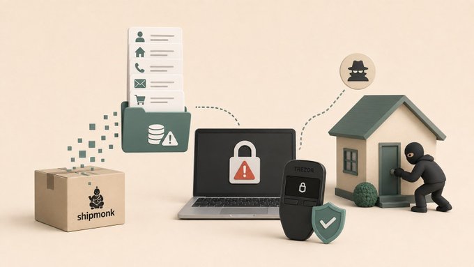 A 3D illustration depicting cybersecurity concepts with a 'shipmonk' box, a laptop showing a security alert, a Trezor hardware wallet, and a burglar at a house.