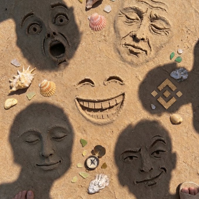 Shadows of five different faces—expressing surprise, sadness, calm, happiness, and a smirk—fall across the sand alongside scattered seashells, sea glass, a compass, and a small wooden Binance logo, visually capturing the diverse range of human emotions referenced in the caption "Every mood under the sun."