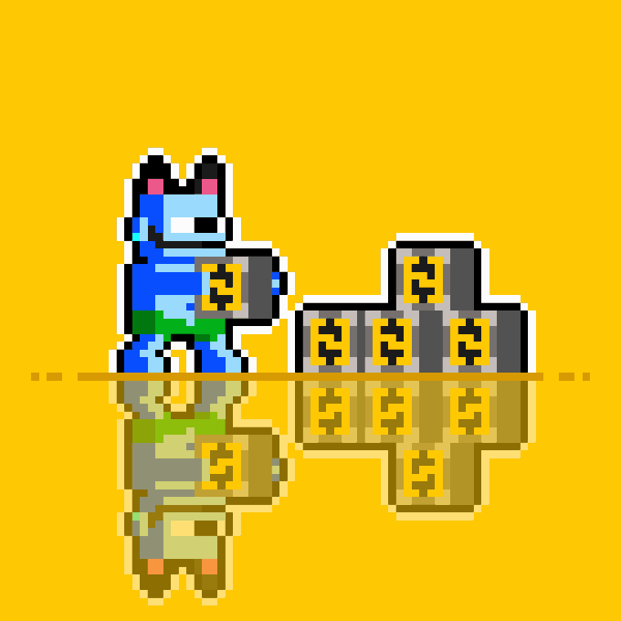 Pixel art of a blue character holding a box, with several other boxes stacked nearby, set against a yellow background.