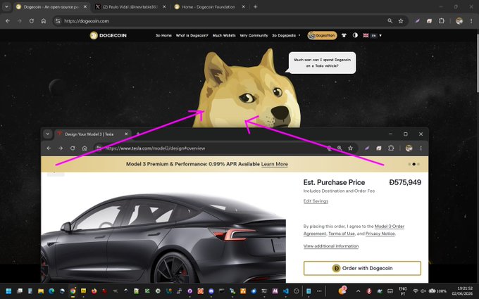 The image features a computer screen displaying various elements of a website, including the Dogecoin page. There are numerous tabs and pop-ups on the web browser, with one tab specifically focused on the Tesla page showing some dog ears, possibly related to the Dogecoin logo or branding. Above the top of this particular window is text about purchasing price in dollars for Dogecoin and a button for ordering it. The design elements seem to be well-organized and visually appealing.