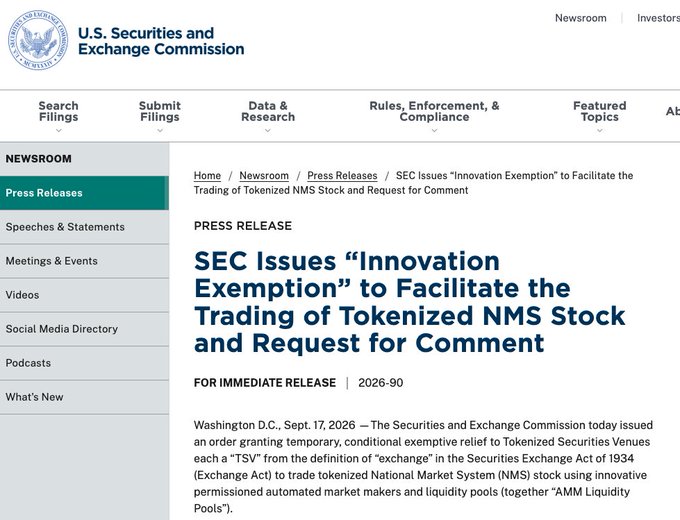 The image shows an SEC press release from September 17, 2026, announcing an "Innovation Exemption" order to facilitate the trading of tokenized National Market System (NMS) stock via Tokenized Securities Venues. The release supports the post's mention of Pendle launching PT YT trading markets for tokenized stocks like NVDA and Pfizer on Robinhoodchain, as the SEC's exemption provides the regulatory framework enabling such tokenized stock trading platforms to operate.
