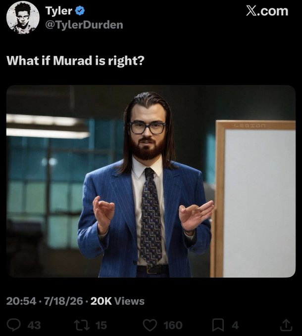 A tweet from "Tyler" (@TylerDurden) with the caption "What if Murad is right?" featuring an image of a long-haired, bearded man in a blue suit and glasses gesturing with open palms in an office setting. The tweet references SPX6900 and a blocked account, suggesting Murad—a known SPX6900 advocate—is vindicated about his bullish crypto thesis.