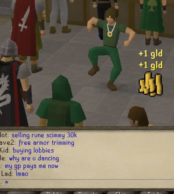 A screenshot from the game Old School RuneScape showing a player in green clothing doing an emote dance, while yellow text '+1 gld' pops up and chat messages below include 'selling rune scimmy 30k' and 'why are u dancing'.