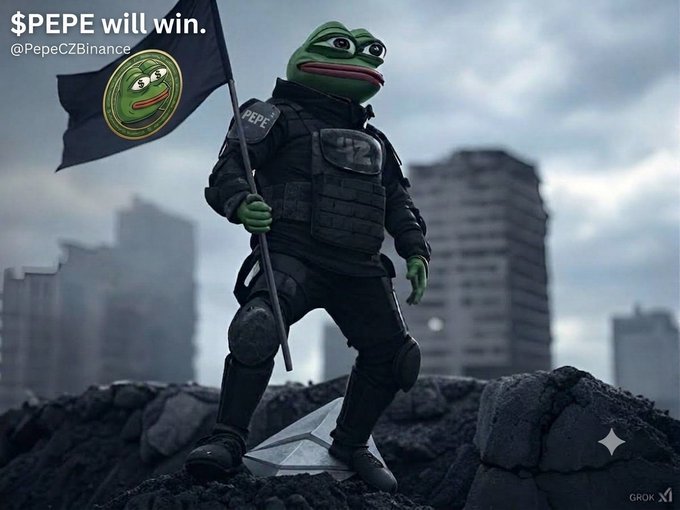 An AI-generated image shows a Pepe the Frog meme character dressed in tactical military gear, holding a flag featuring the $PEPE token logo, with the text '$PEPE will win. @PepeCZBinance' in the corner and a destroyed urban landscape in the background.