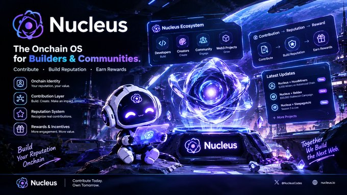 A promotional graphic for 'Nucleus: The Onchain OS for Builders & Communities' featuring a cute robot mascot, neon blue design elements, and sections for Latest Updates, Onchain Identity, Contribution Layer, and Reputation System.