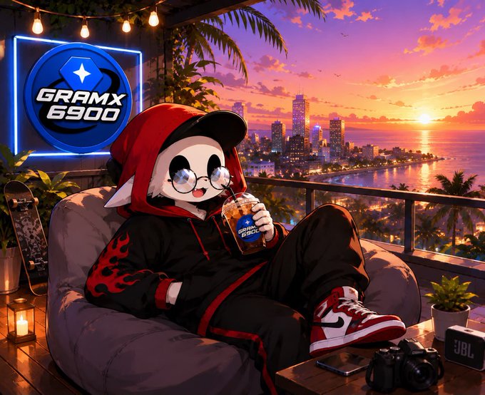 A stylish cartoon character lounges on a beanbag at sunset, sipping a drink next to a neon sign displaying "GRAMX 6900," with a JBL speaker and camera nearby. The vibrant cityscape backdrop reinforces the gaming/streaming brand "gM" associated with the character's relaxed, aesthetic vibe.