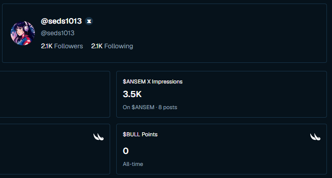 A Twitter/X profile card for "@seds1013" showing 21K followers and 21K following, displaying "$ANSEM X Impressions" of 3.5K (up from 2.5K) across 8 posts and "$BULL Points" of 0 all-time, illustrating the user's test results on whether quoting @BullpenFi posts and commenting with CA (contract addresses) affects impression tracking and point accumulation.