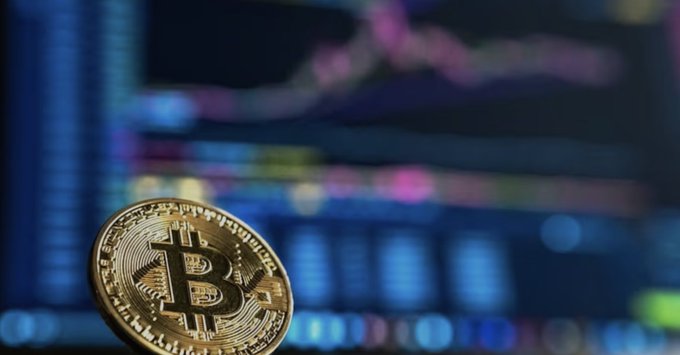 A close-up of a gold Bitcoin coin in sharp focus against a blurred background of colorful financial charts and graphs.