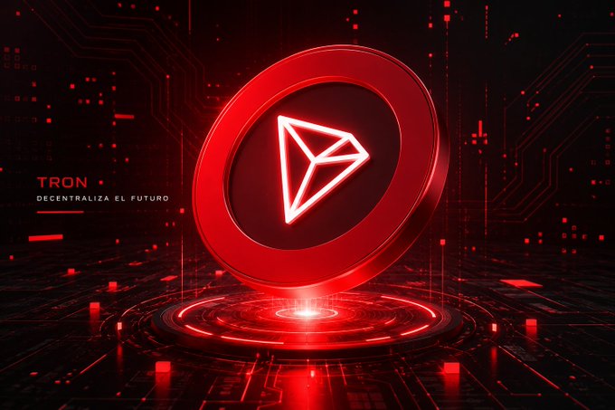 A futuristic red digital rendering of the TRON blockchain logo displayed on a glowing circular platform, with the accompanying text "TRON" and "DECENTRALIZA EL FUTURO" visible on the left side, visually reinforcing the provided statistics about TRON's $91 billion stablecoin supply and $20 billion daily transaction volume.