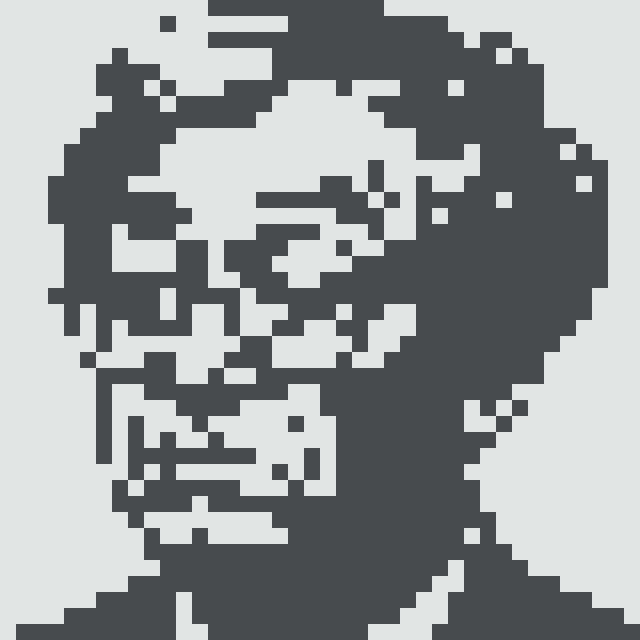 A high-contrast, heavily pixelated black and white portrait image with no discernible details or text.