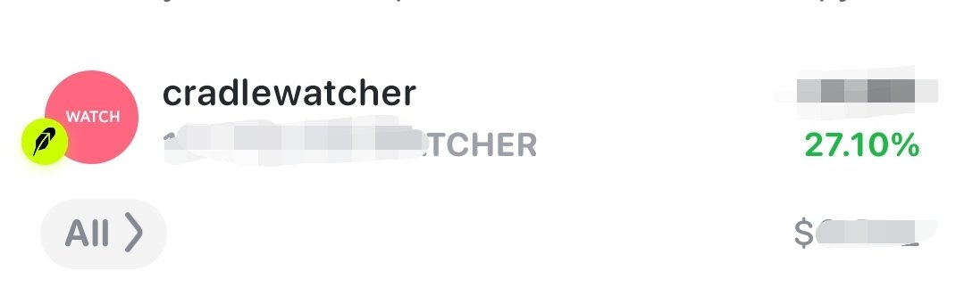 A digital token or NFT listing page showing 'cradlewatcher' with a 'WATCH' icon, a green 27.10% percentage, and a red feather icon.