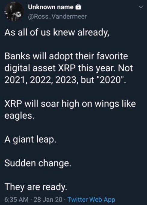 A tweet from @Ross_Vandermeer dated January 28, 2020, predicts that banks will adopt XRP in 2020, stating "XRP will soar high on wings like eagles. A giant leap. Sudden change. They are ready." This relates to the accompanying post's theory that "2020" symbolizes the "Clarity" Act through the 20/20 vision metaphor, suggesting the year itself was hinting at regulatory clarity and a sudden breakthrough for XRP adoption.
