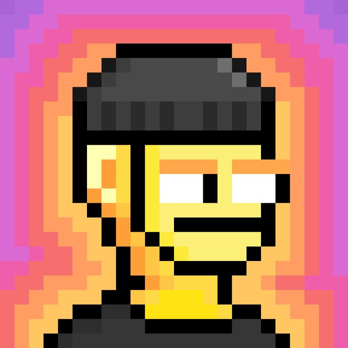 Pixel art portrait of a character with glasses, a black headband, and dark clothing against a vibrant pink and orange gradient background.