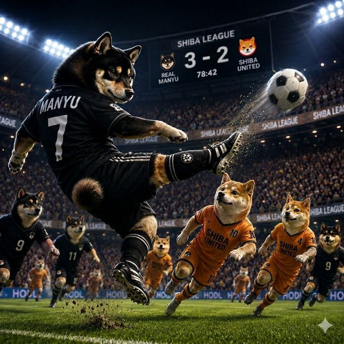 The image features a soccer field with several dogs wearing orange jerseys and black shorts running towards a soccer ball that has been kicked by one of them. The dogs are positioned around the field, some closer to the ball while others are further away. A banner in the background displays the text "SHiba League", indicating that this is likely an advertisement for a Shiba League event or promotion.