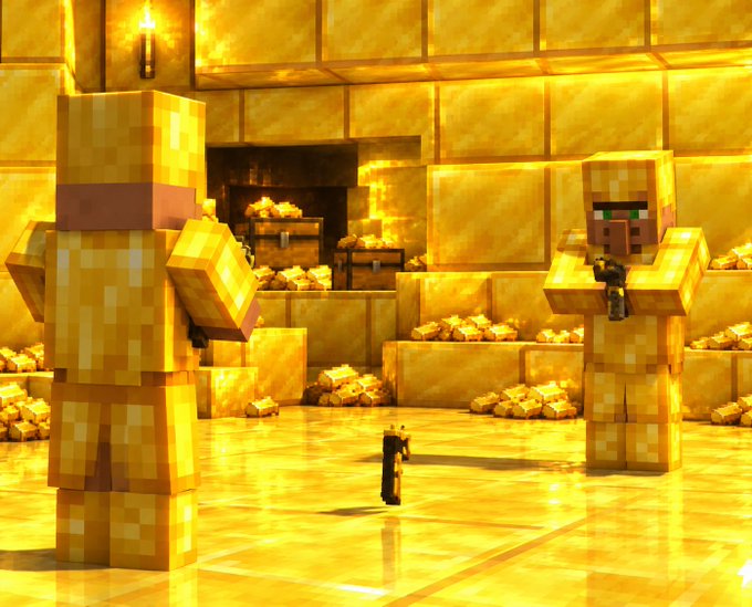 A Minecraft-style scene featuring two characters in golden armor inside a treasure room filled with gold blocks, with a small black creature in the foreground.