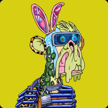 A cartoon character portrait on a yellow background featuring a creature with rabbit ears, VR goggles, a sloth-like face with dripping drool, cactus spikes, and a coiled rope or hose around its body.