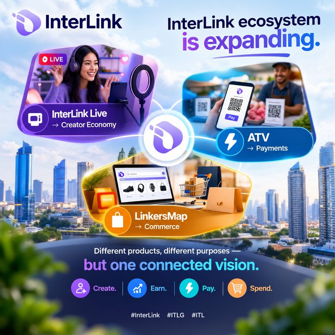 A promotional graphic for InterLink shows 'InterLink ecosystem is expanding' with InterLink Live (Creator Economy), ATV (Payments), and LinkersMap (Commerce), with text 'Different products, different purposes — but one connected vision.' and hashtags #InterLink #ITLG #ITL.