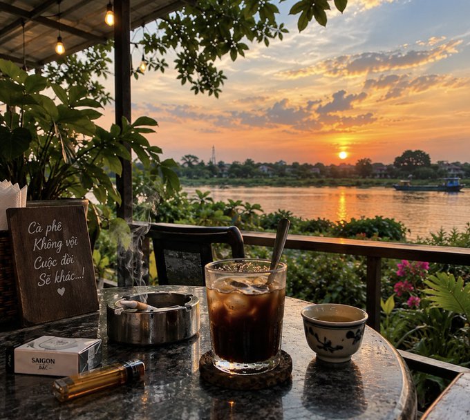 A glass of iced coffee sits on a riverside table at sunset alongside an ashtray, a small ceramic cup, and a sign reading 'Cà phê Không vị Cuộc đời Sẽ nhạt...' with a heart.