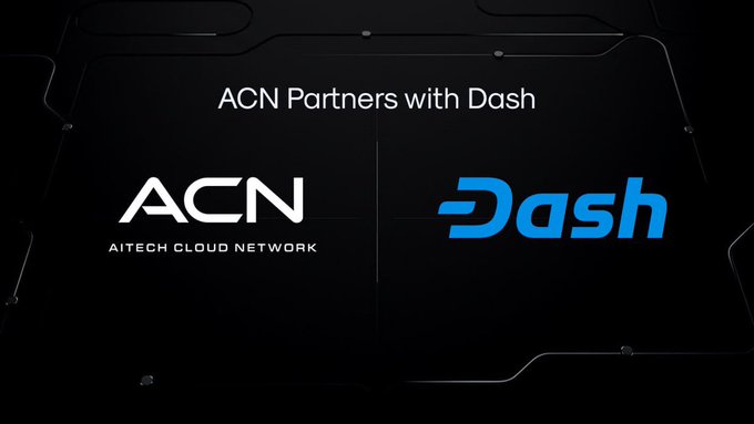 A partnership announcement showing 'ACN Partners with Dash' featuring the ACN (AITECH CLOUD NETWORK) and Dash logos on a dark technical background.