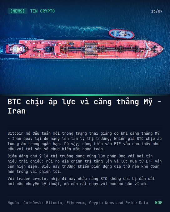 A Vietnamese crypto news graphic from TIN CRYPTO (13/07) showing an aerial view of a large red oil tanker ship, with the headline 'BTC chịu áp lực vì căng thẳng Mỹ - Iran' discussing Bitcoin's downward pressure due to US-Iran tensions, sourced from CoinDesk.
