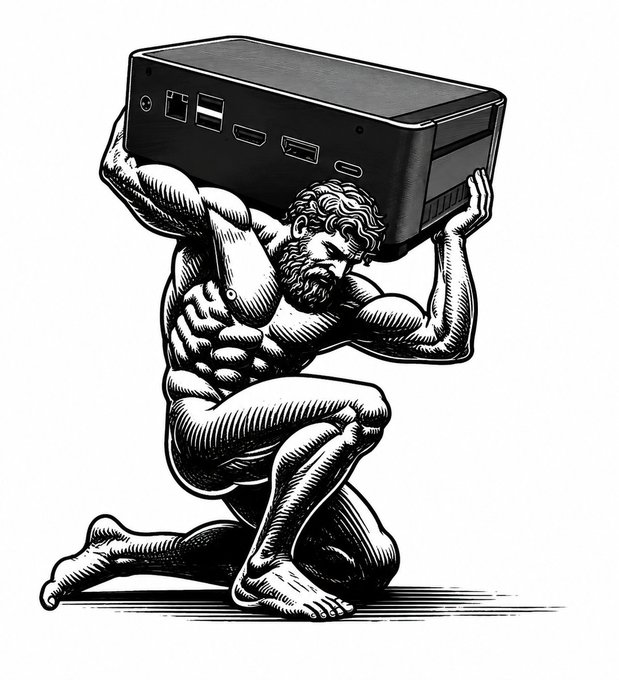 A muscular, bearded figure in classical engraving style kneels while straining to hold up a large black computer docking station/server box overhead, with visible ports including USB and HDMI on its front panel.

The image humorously depicts running a Bitcoin node as an exhausting, Herculean physical feat—contrasting the common misconception that operating a node requires immense technical effort with the reality that it's typically a lightweight, set-and-forget process.