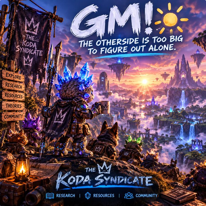 A promotional graphic for "THE KODA SYNDICATE" shows an armored figure with glowing blue crystals overlooking a fantasy landscape, with text "GM! THE OTHERSIDE IS TOO BIG TO FIGURE OUT ALONE." and menu items including Explore, Research, Resources, Theories, and Community.