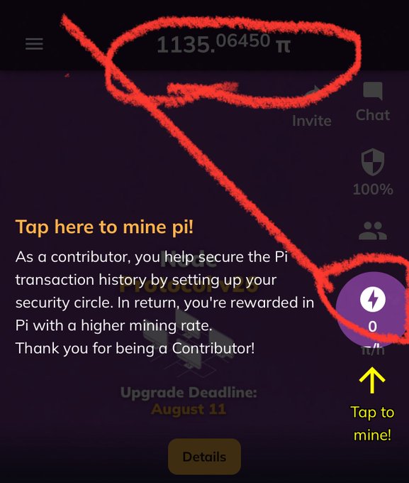 A screenshot of the Pi Network app showing a balance of "1135.06450 π" circled in red, with an arrow pointing to the "Tap to mine" button.