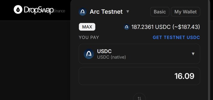 The DropSwap interface on Arc Testnet shows a swap transaction for 187.2361 USDC (~$187.43), with the user paying 16.09 USDC (native).