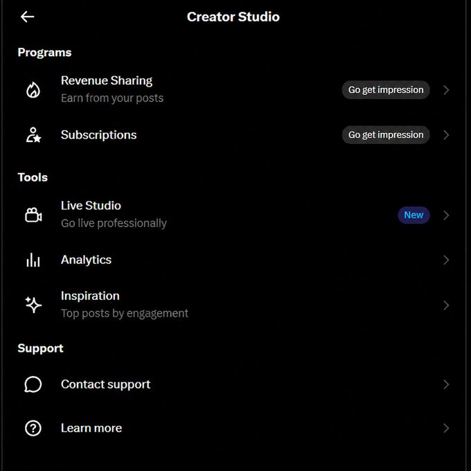 A dark-themed screenshot of the TikTok Creator Studio menu showing sections for Programs (Revenue Sharing, Subscriptions), Tools (Live Studio, Analytics, Inspiration), and Support (Contact support, Learn more).