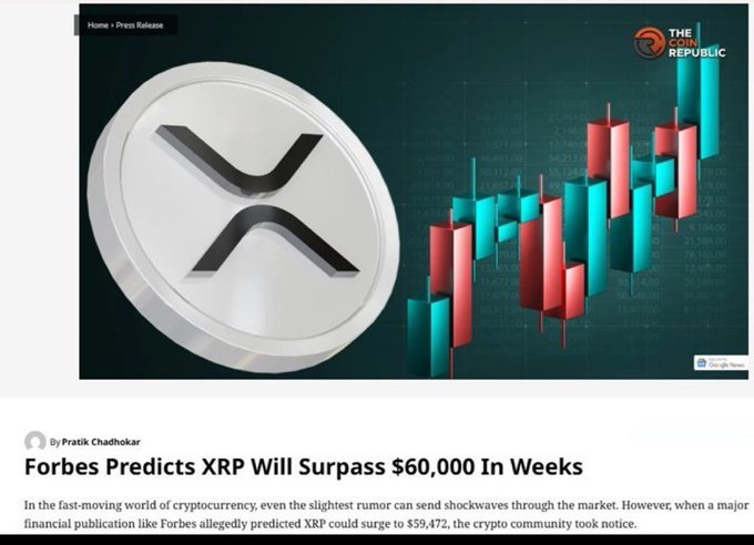 A screenshot of an article on The Coin Republic headlined "Forbes Predicts XRP Will Surpass $60,000 In Weeks", featuring a large XRP coin graphic and a candlestick chart.