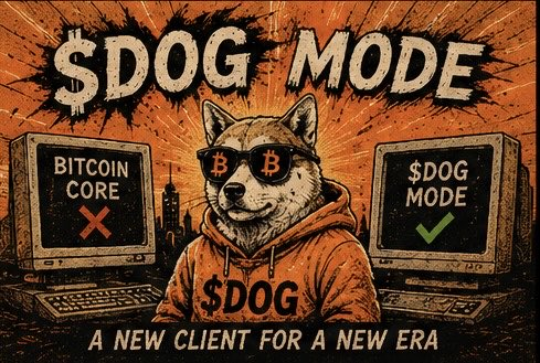 A stylized illustration of a Shiba Inu dog wearing Bitcoin sunglasses, with text reading "$DOG MODE - A NEW CLIENT FOR A NEW ERA," flanked by computer monitors showing "BITCOIN CORE" (with an X) and "$DOG MODE" (with a checkmark).