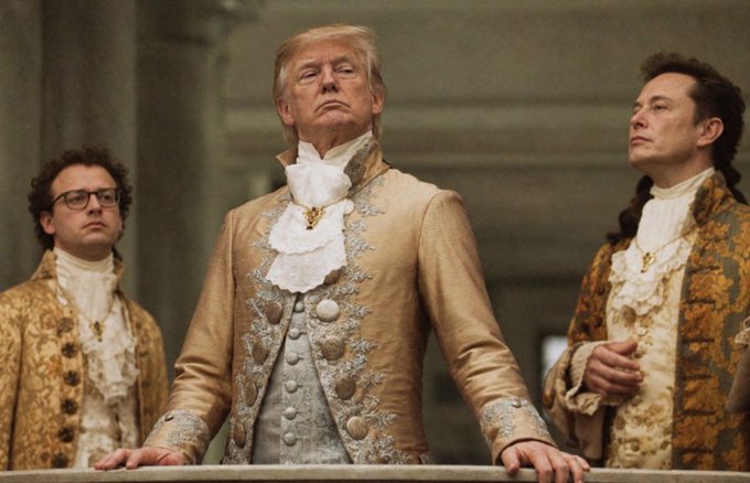 A digitally edited photo depicting him and two other men dressed in ornate 18th-century aristocratic clothing, with the central figure standing at a balcony.