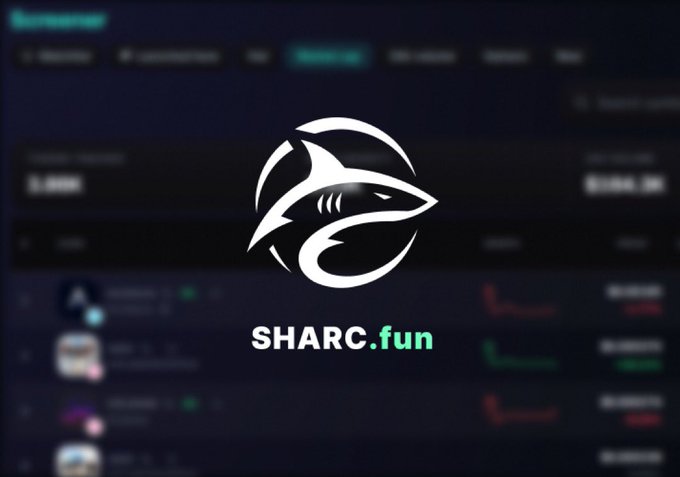 A graphic featuring the white 'SHARC.fun' logo with a stylized shark design, displayed over a blurred background of what appears to be a website or app interface.