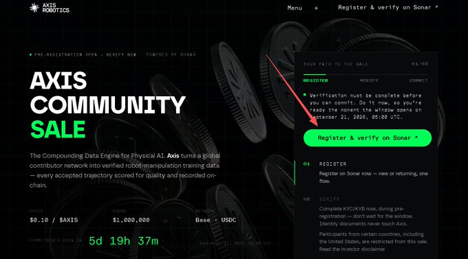An 'AXIS ROBOTICS' Community Sale webpage with a countdown timer and a red arrow pointing to a 'Register & verify on Sonar' button.