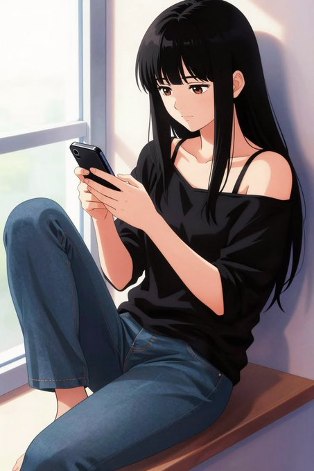 An anime-style illustration depicts a young woman with long black hair sitting by a window, looking at her smartphone.