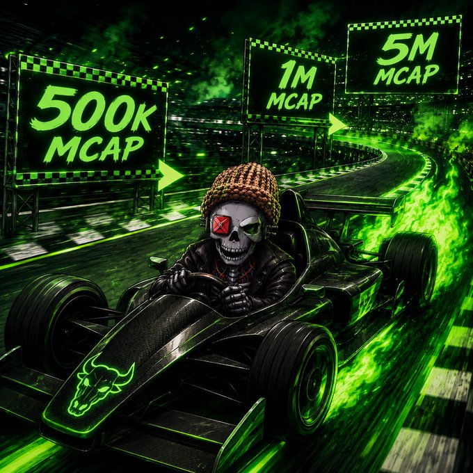 Stylized image of a skeleton wearing a knit beanie driving a Formula-style race car engulfed in green flames, with checkered signs showing market cap milestones of 500K MCAP, 1M MCAP, and 5M MCAP.