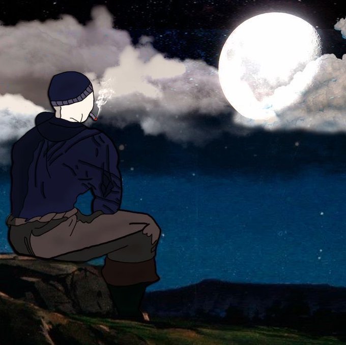 A man in a dark jacket and beanie sits smoking on a rocky ledge, gazing up at a glowing full moon through drifting clouds against the night sky—capturing the peaceful, end-of-day mood that matches the "gn see you tomorrow" farewell.