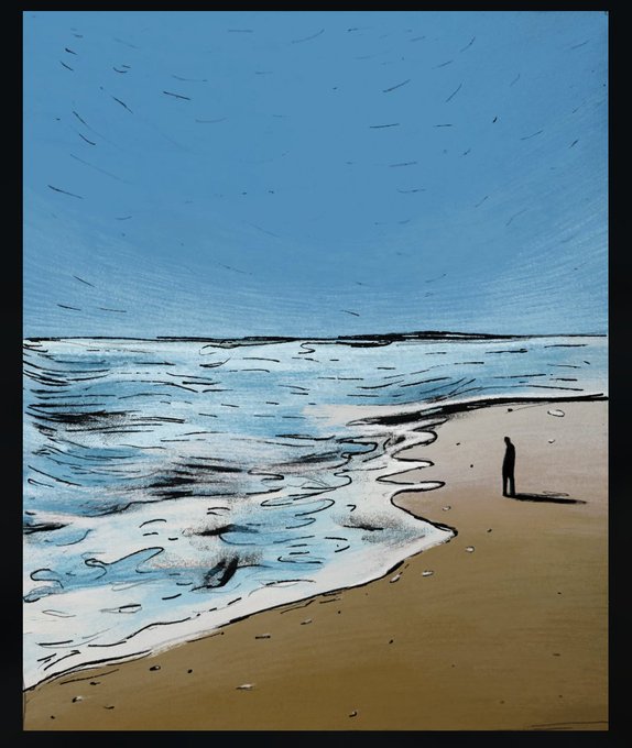 An artistic, minimalist painting of a solitary figure standing on a sandy beach beside a calm, blue ocean under a bright sky with scattered small marks suggesting birds or clouds.