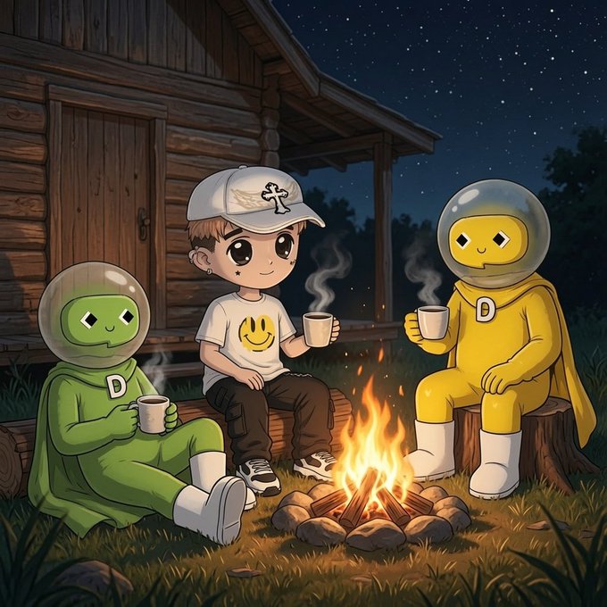 A digital illustration of a chibi-style character in a white cap and smiley-face shirt sitting by a campfire at night, sharing steaming mugs with two friendly alien figures in green and yellow spacesuits.