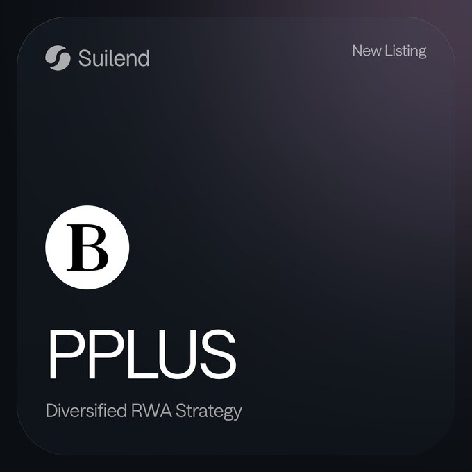 A sleek dark-themed promotional card from Suilend announcing PPLUS as a "New Listing," featuring the Bitwise "B" logo and describing it as a "Diversified RWA Strategy."